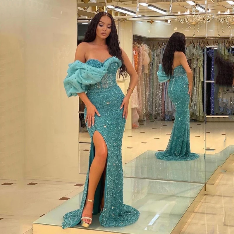 Sea Blue ปิด Shoulder Mermaid ชุดราตรี Sequined คริสตัลชุดราตรี Custom Made ด้านข้างแยก Glitter Party ชุด