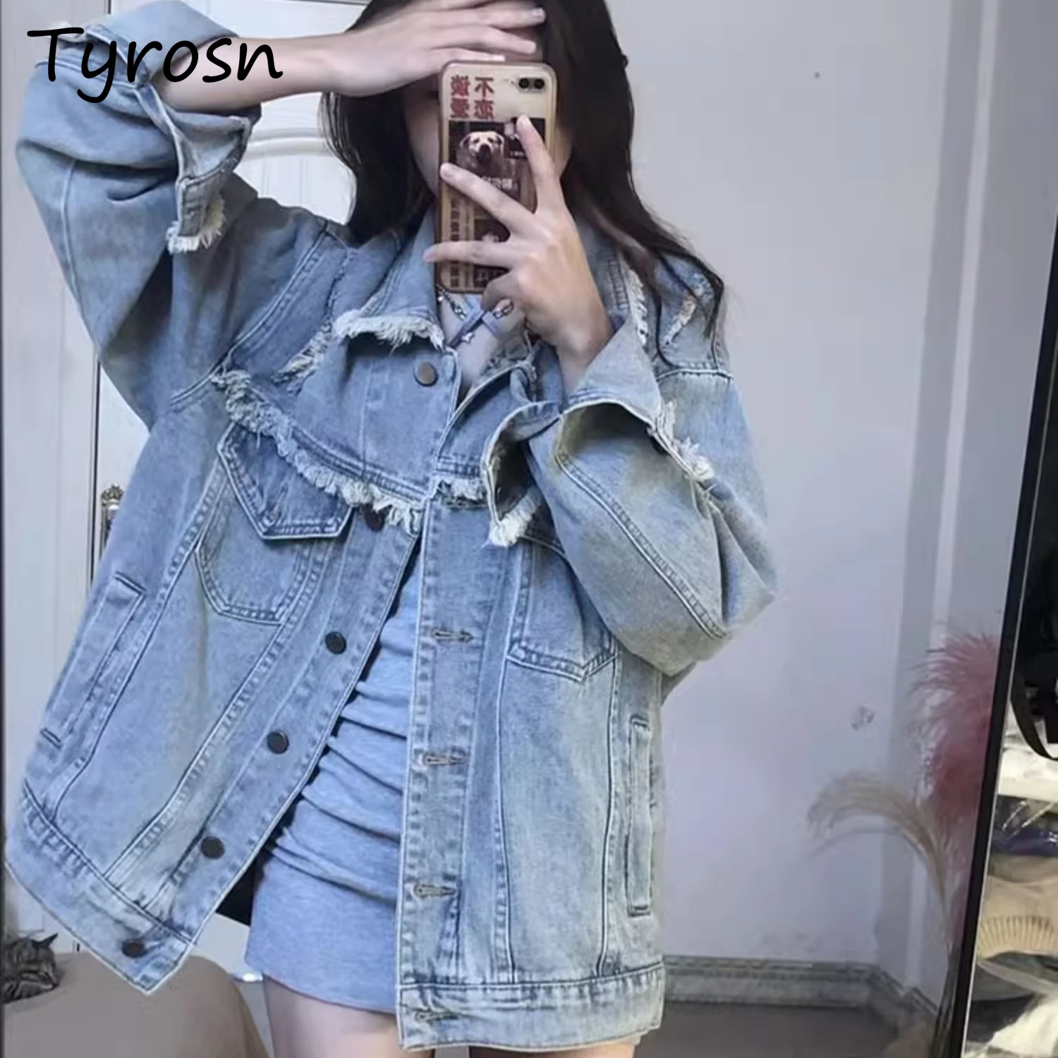 

Denim Jackets Women Single Breasted Long Sleeve Coats Japanese Style Harajuku Style Raw Edges Design Temperament Autumn Daily