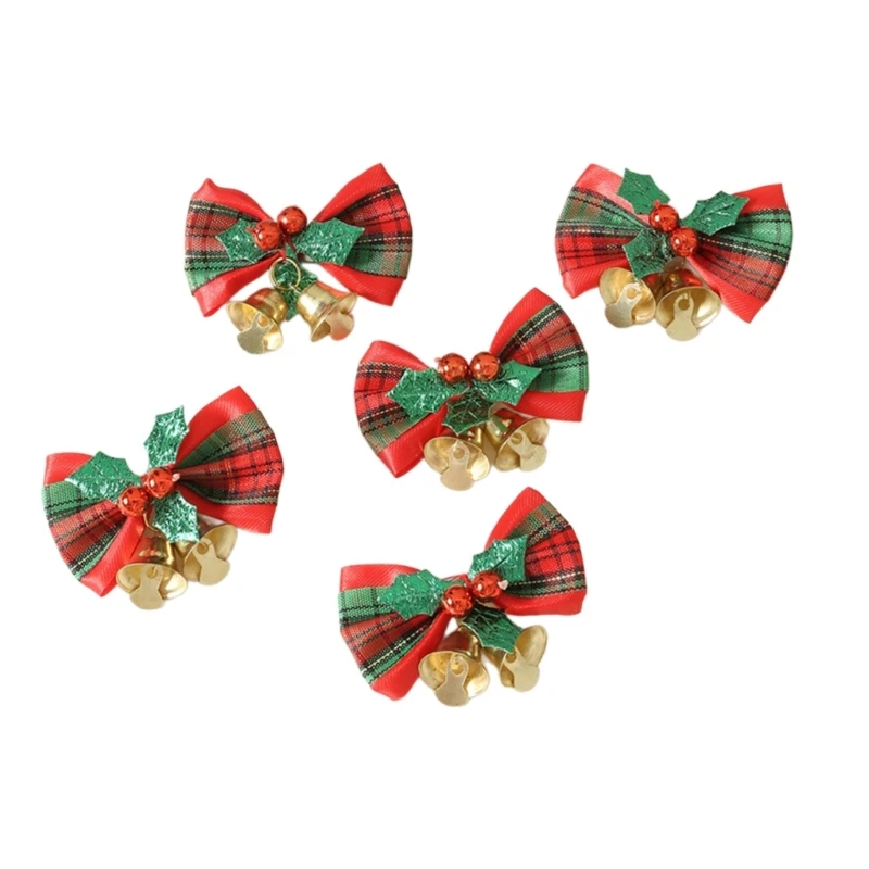 5PCS Sweet Girly Festive Bow Hair Clip Bow Mistletoe Checked Bow Bunches Bow Checked Hair Clip Bells