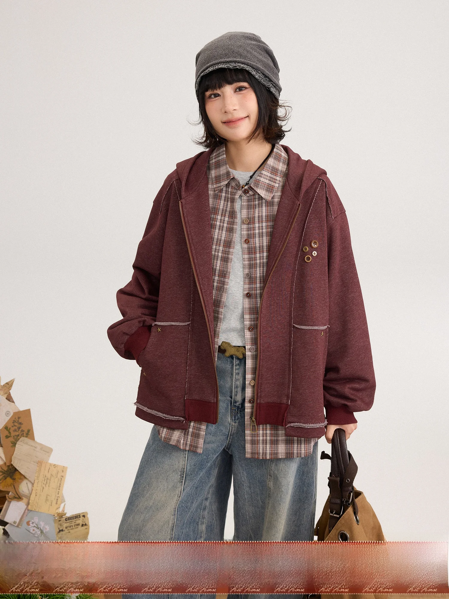 

Laid-back Splicing Vintage Volcano Hoodie Jacket Spring Casual Loose Fit Shoulder Drape Long Sleeve Zipper Closure Wome...