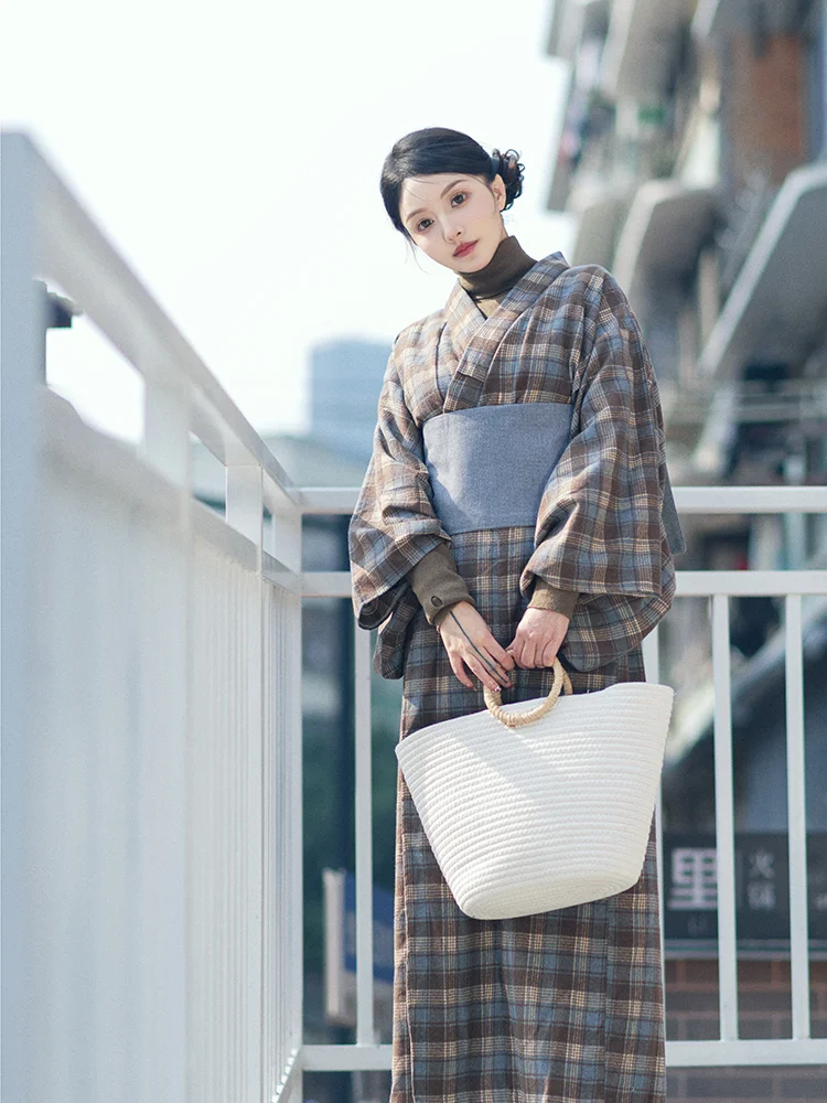 Retro Plaid Daily Style Improved Kimono Japanese Dress