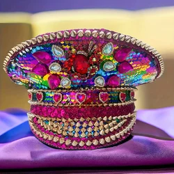 HongLuan Vintage Red Bling Steampunk Captain Hat Rhinestone for Man, Burning Man Military Cap&Hats Luxury Woman