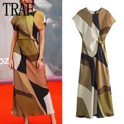 TRAF 2024 Print Satin Dress Woman Ruched Long Dresses For Women Short Sleeve Chic And Elegant Evening Dress Summer Party Dresses