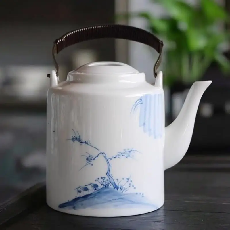 Hand-painted Underglaze Color Ceramic Teapot 1200ml Chinese Blue Landscape Beam Kettle With Stainless Steel Filter Tea Pot