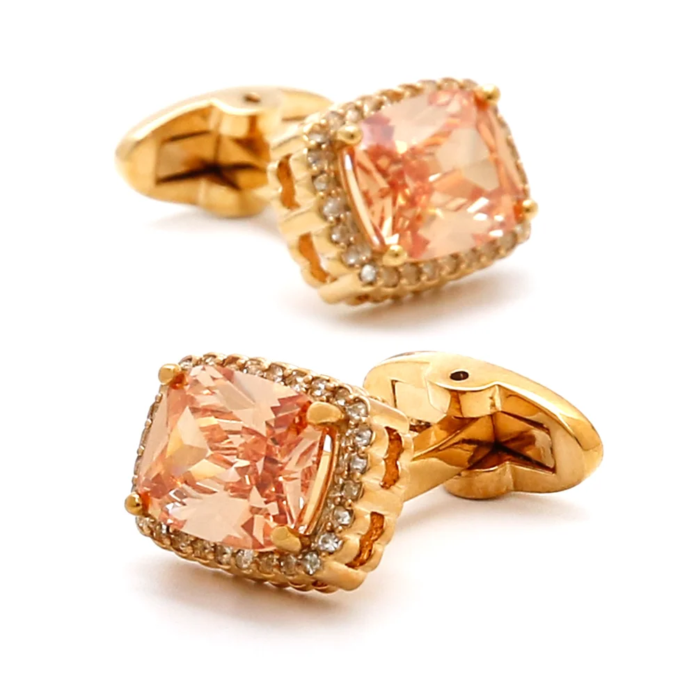 Gold Studded Diamonds Orange Pink Square Gemstones Cufflink Men's Business Dress Cufflinks Dress Shirt Banquet Cuff Accessories