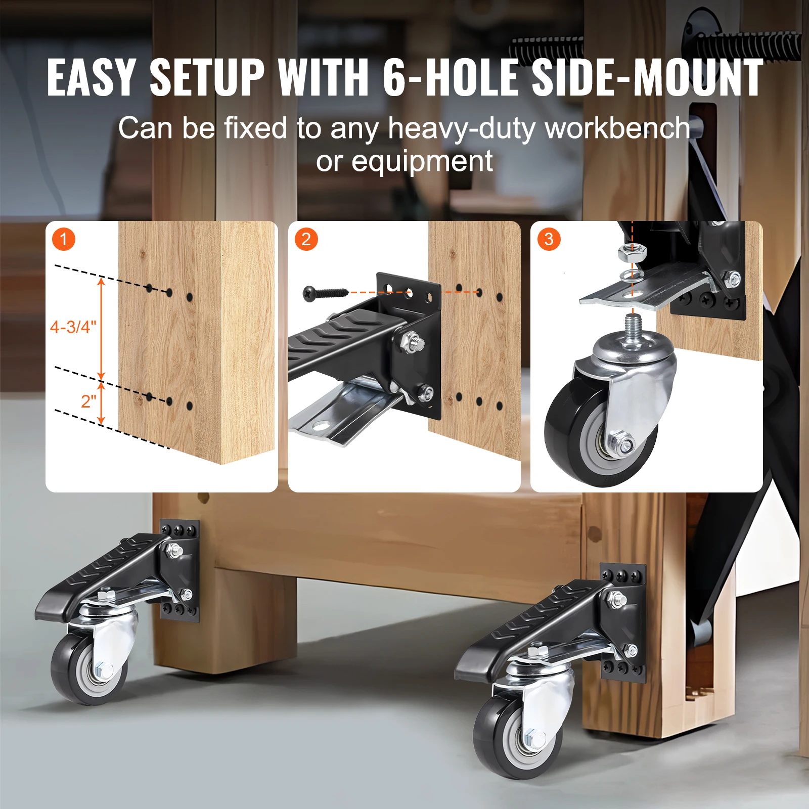 Vevor 165 Lbs 2.5 "Set Van 4 Werkbank Wielen Aan De Zijkant Gemonteerd Intrekbaar Opstelwiel 360 ° Draaibaar Voor Tafels En Uitrusting