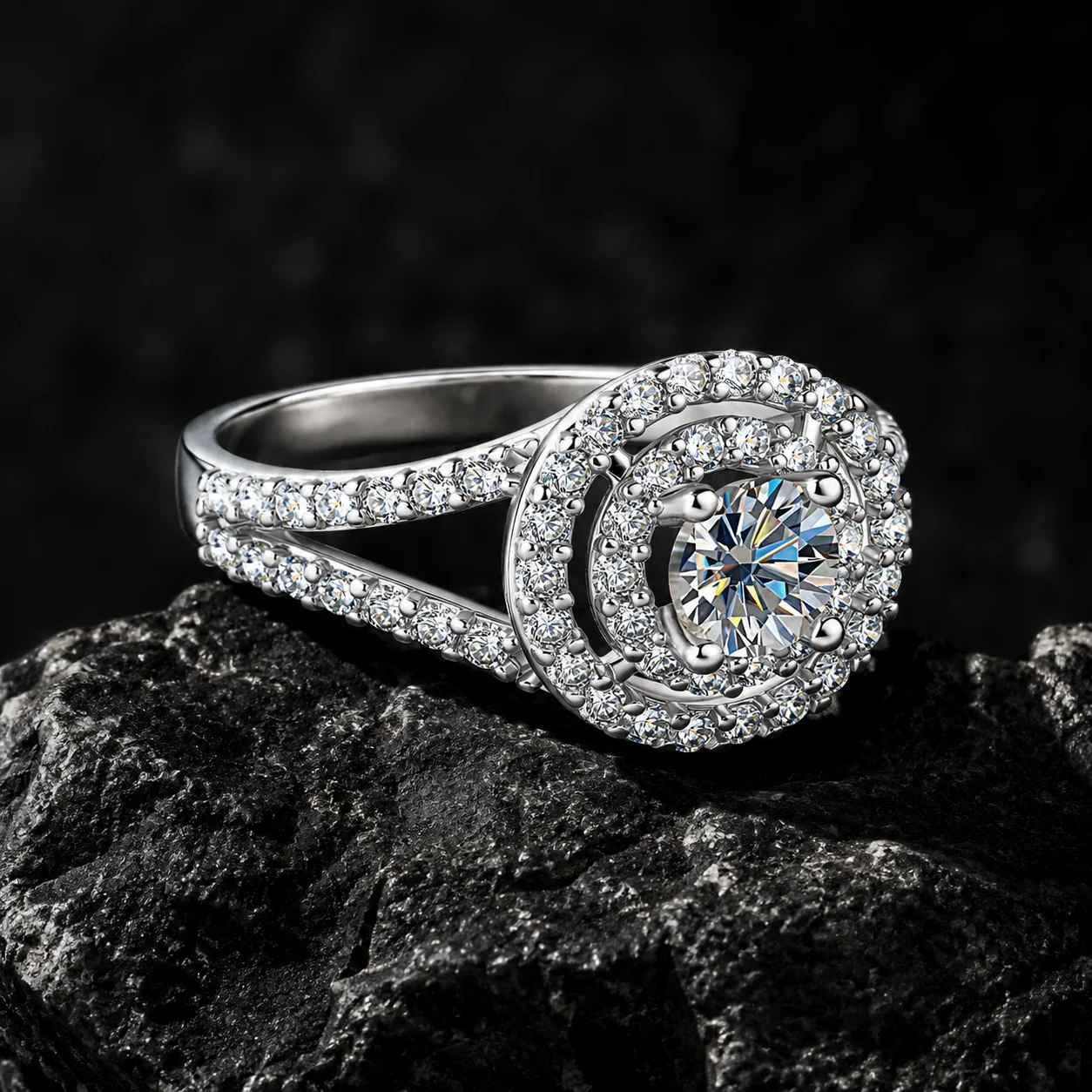 Celestinova Double Halo CZ Ring 14K Gold Plated Split Shank Round Cubic Zirconia Bridal Engagement Ring for Women