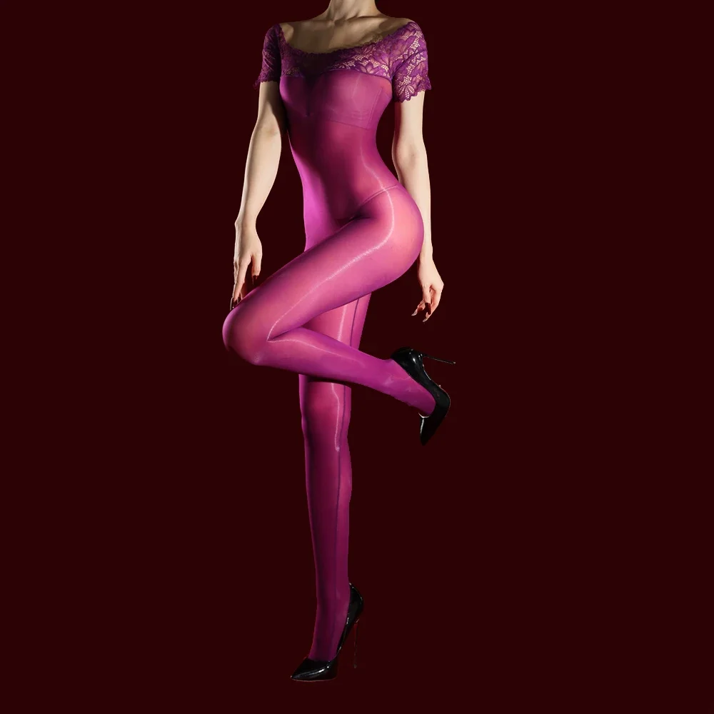 Women 5D 912 Pin Oil Shiny Glossy Bodysuit Lace Patchwork Off Shoulder Shaping Elastic Tights Sheer See Through Leotrd Jumpsuits