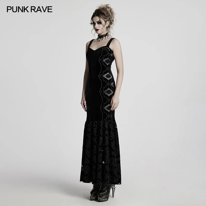 PUNK RAVE Women's Gothic Retro Velvet Embroidered Dress Sleek Elegant Cutting Pleated Hem Drawstring Party Club Long Dresses