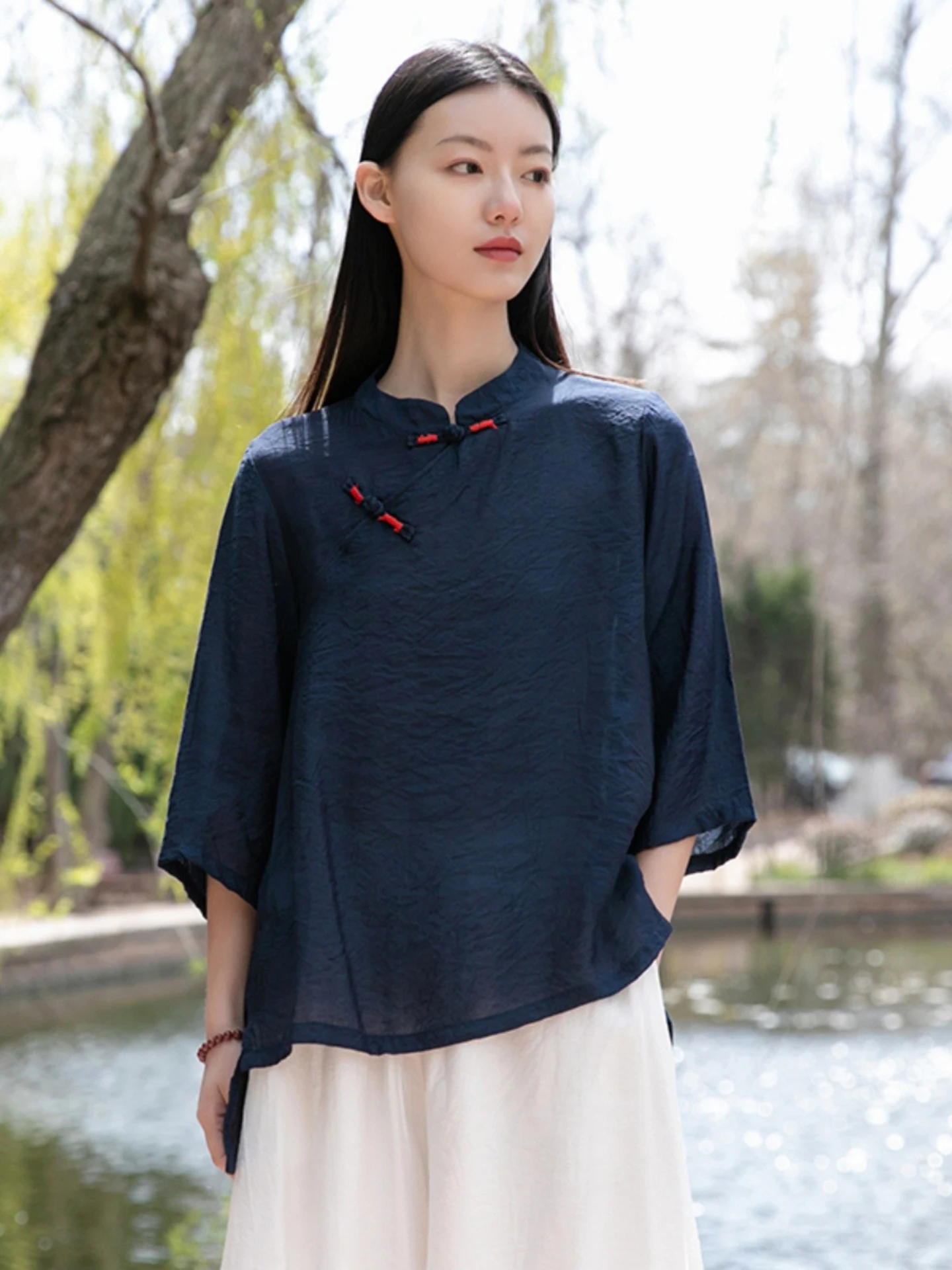

Summer Short Sleeve T-Shirt Women's Handmade Silk Thin Style Vintage Collar Zen Tea Shirt Seven Sleeve Artistic Shirt