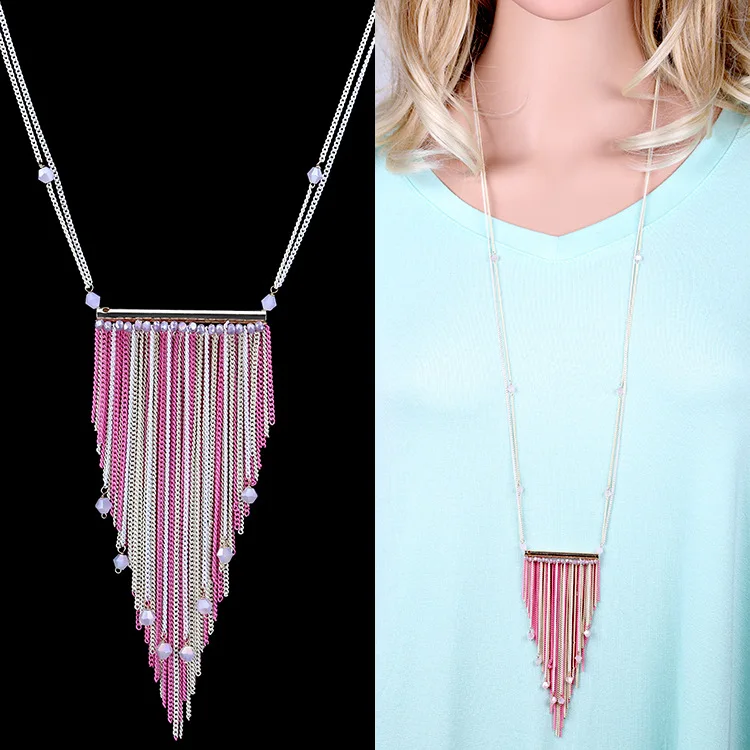 Qiman Cross-border European and American triangular mixed-color chain, crystal pendant, tassel, long necklace NK-01408