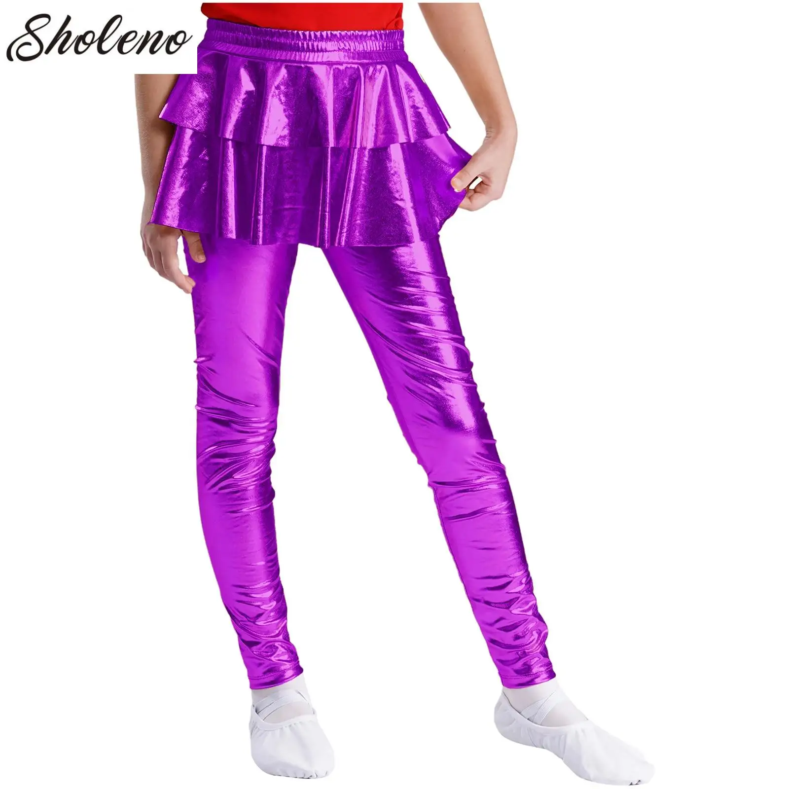 

Bright Skinny Girls Dance Pants Leggings for Kids Children Solid Shiny Metallic Pantskirt Gymnastic Jazz Modern Performance Wear