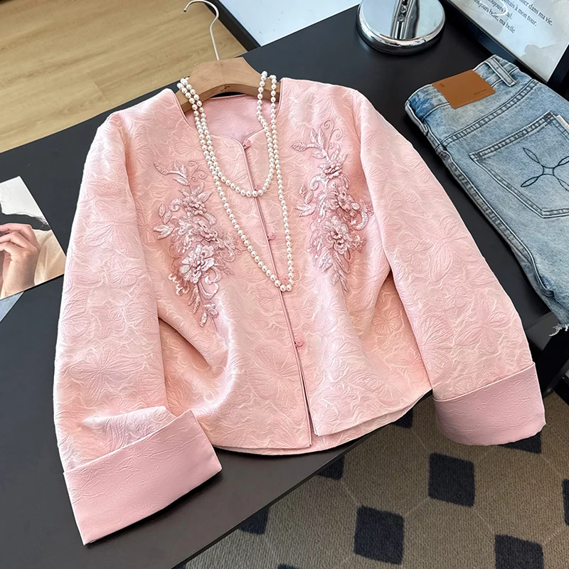 New Chinese Style Autumn Heavy Embroidery Long Sleeve Jacket Improved 3D Embossed Floral Pattern Tang Suit Hanfu National Sty...
