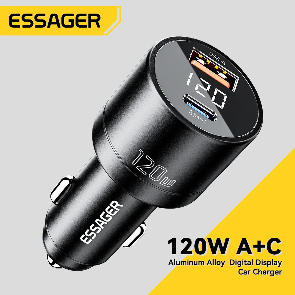 Essager 120W PD 차량용 초고속 충전기, QC 4.0 PD 3.0, 아이폰 15, 14, 삼성 C타입 USB 충전기, 휴대용 휴대폰 충전기