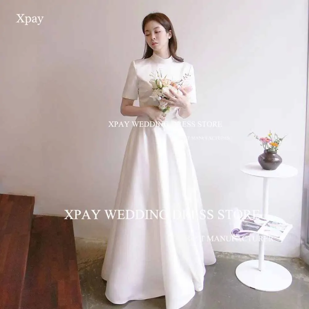 

XPAY High O Neck Soft Satin Korea A Line Wedding Dresses 2024 Photography Shoot Short Sleeve Simple Elegant Custom Bride Dress