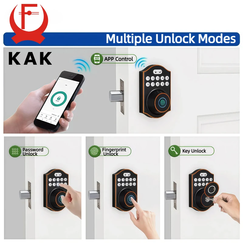 KAK American Style Smart Deadbolt Door Lock with Tuya Bluetooth Fingerprint Door Lock Keyless Digital Password Lock Hardware