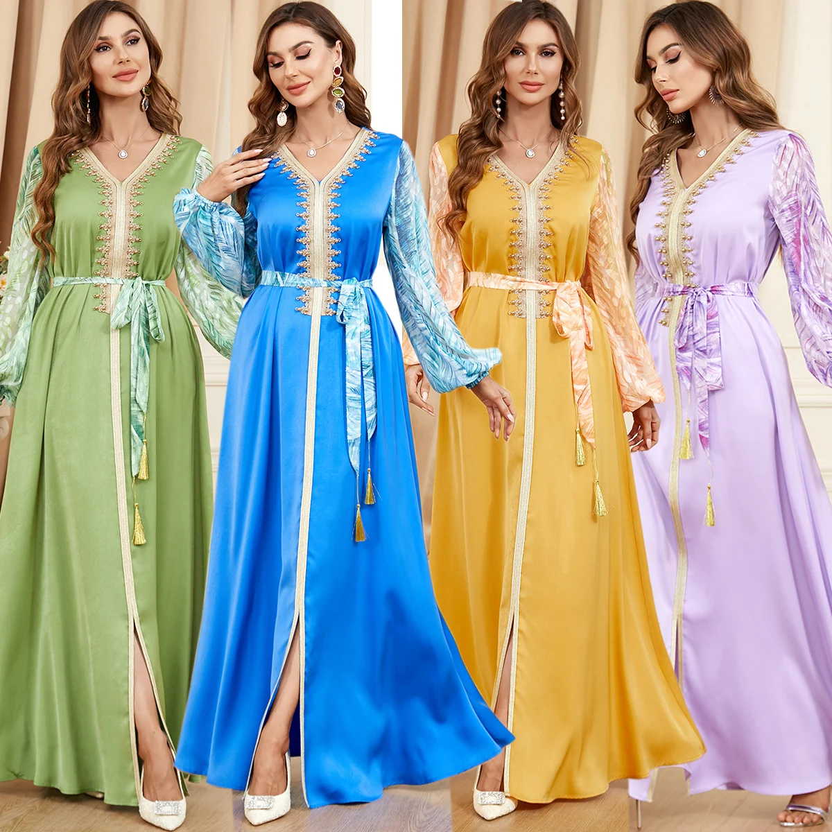 Long Dress For Women Abaya Muslin V-neck Kaftan Eid Mubarak Dubai Abaya Turkey Muslim Moroccan Caftan Fashion Evening Dress