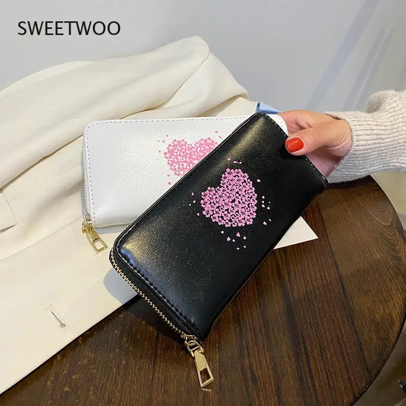 Long women's wallet zipper cute heart-shaped tassel pu leather coin purse bracelet credit card holder money bag phone holder