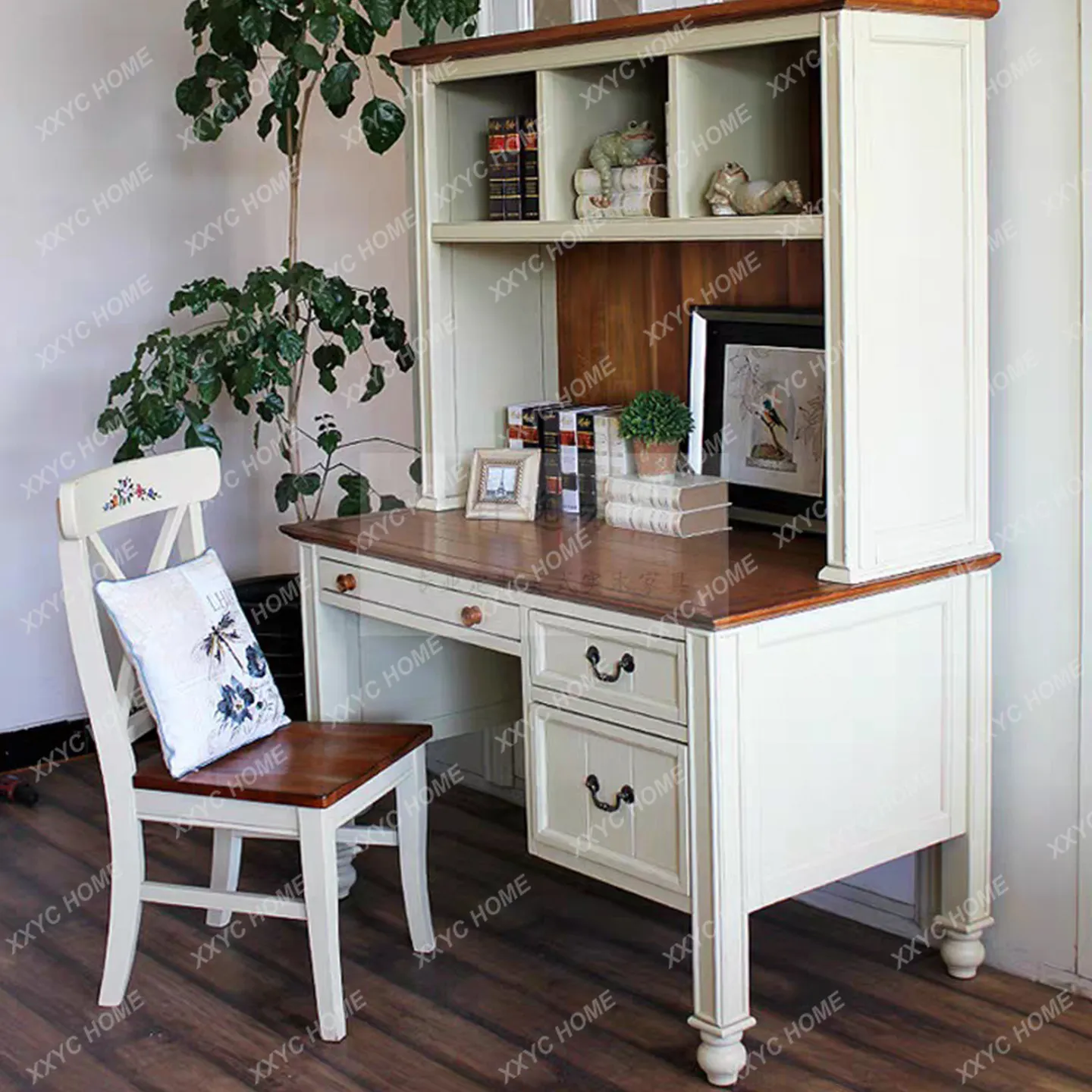 Solid wood bookshelf combination desk, household student table, storage shelf, writing desk, computer desk