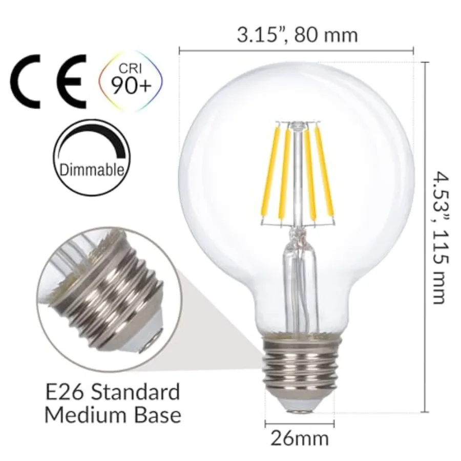 LED Edison Vintage Vanity Globe Filament G25 G80 6W Dimmable 60W Equivalent (3 Pack) 120V Light Bulb for Bathroom Makeup Mirror