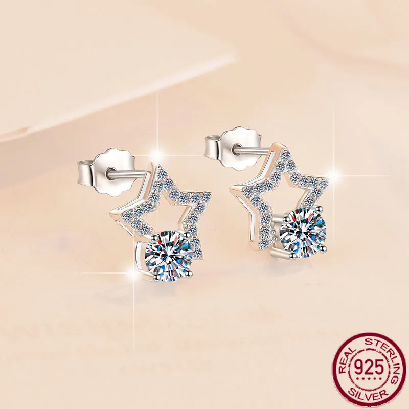 

New fashionable moissanite earrings with five pointed star symmetry, niche earrings S925 pure silver earrings, wedding jewelry