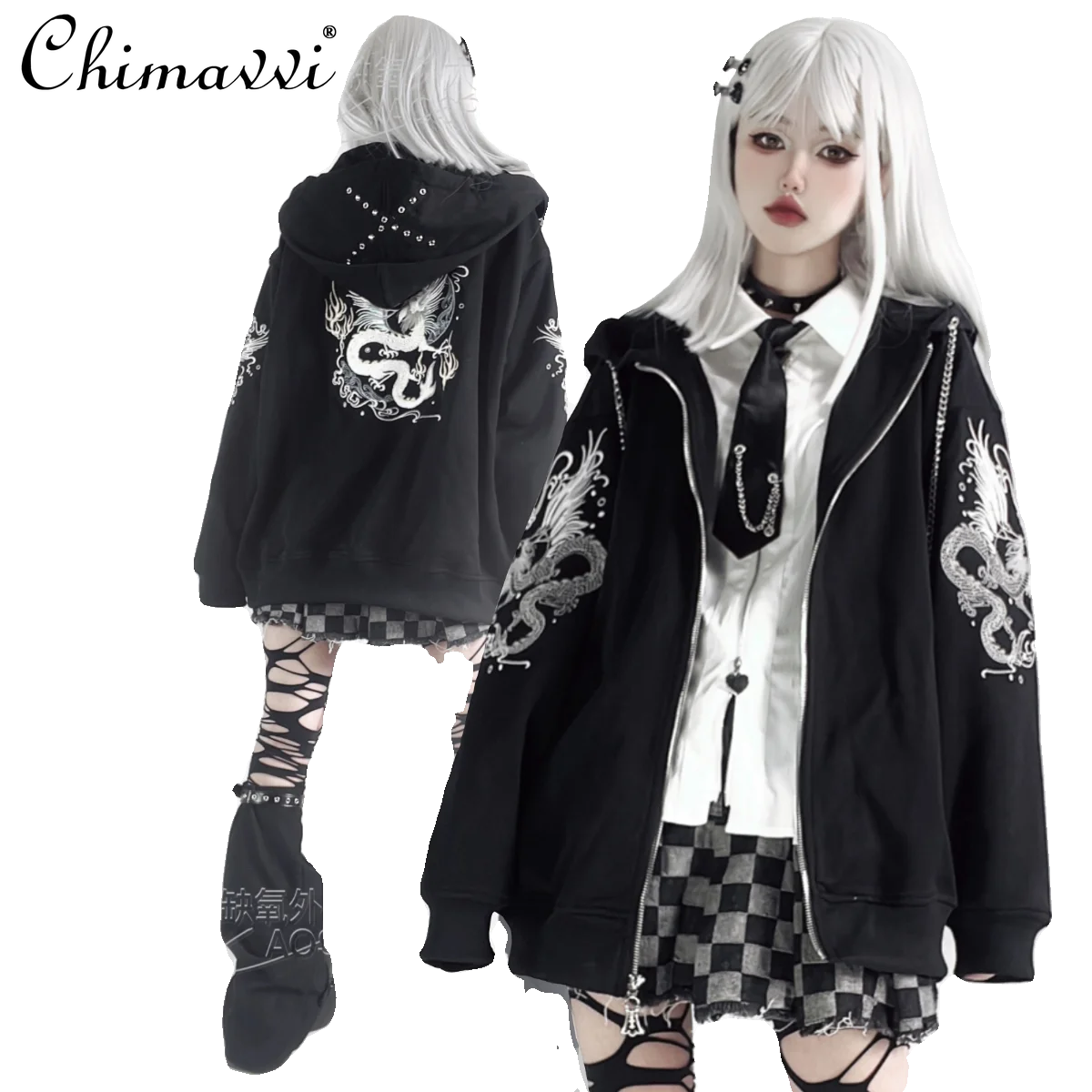 Japanese Subculture Embroidery Black and White Printing Zipper Sweatshirt Jacket Winter Chinese Style Long-sleeved Hooded Coat