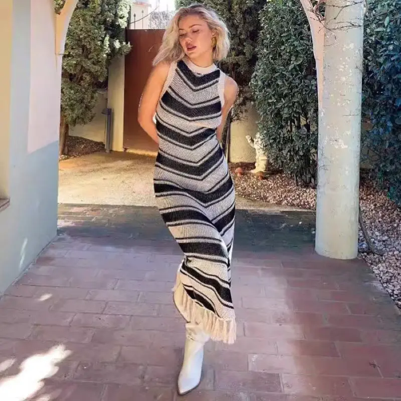 Chic Summer Knitted Tassel Striped Beach Dress Women Elegant Sleeveless Long Dresses Slim O Neck Boho Holiday Vacation Outfits - AliExpress Chic Summer Knitted Tassel Striped Beach Dress Women Elegant Sleeveless Long Dresses Slim O Neck Boho Holiday Vacation Outfits - AliExpress