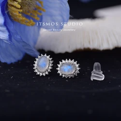 ITSMOS AAA Natural Moonstone CZ Earrings Blue Moonlight Gemstone S925 Silver Studs for Women Romantic Luxury Jewelry Gift
