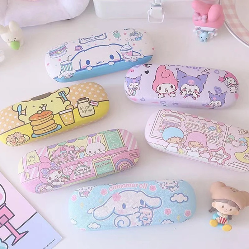 Anime Hello Kitty Sanrio Glasses Case Y2K Kawaii Kuromi Cinnamoroll Pu Portable Protect Glasses Storage Box Student Kids Gifts