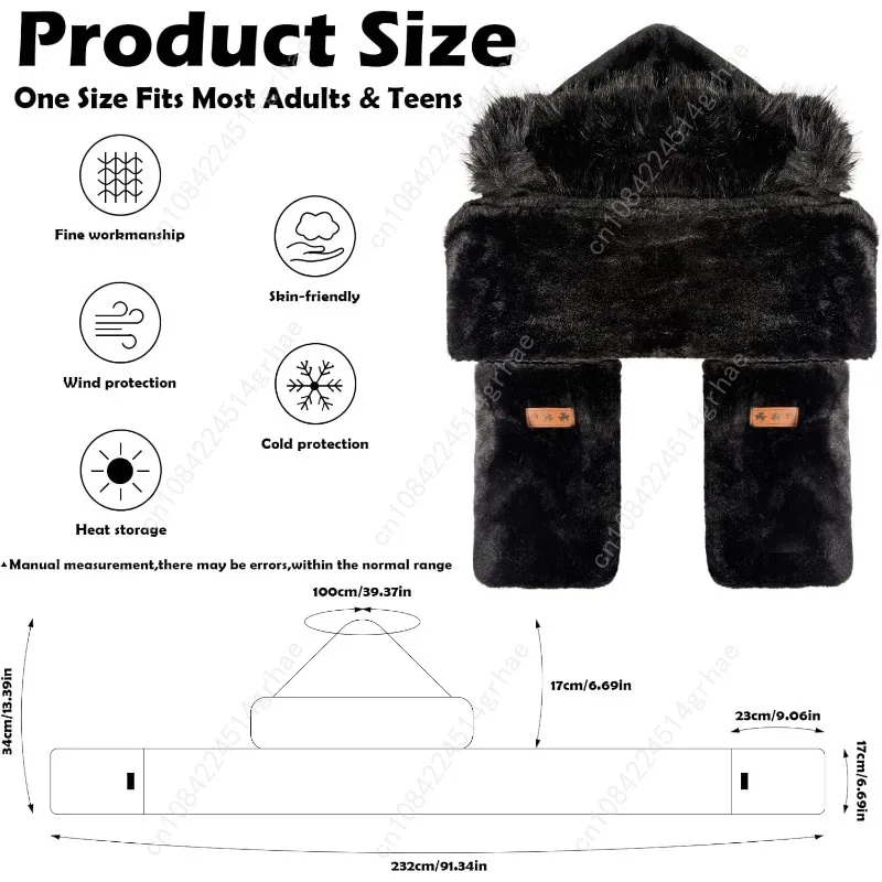 وشاح بغطاء للرأس للنساء للشتاء - قفازات وشاح من الفرو الصناعي 3 في 1 مجموعة ناعمة وسميكة ودافئة