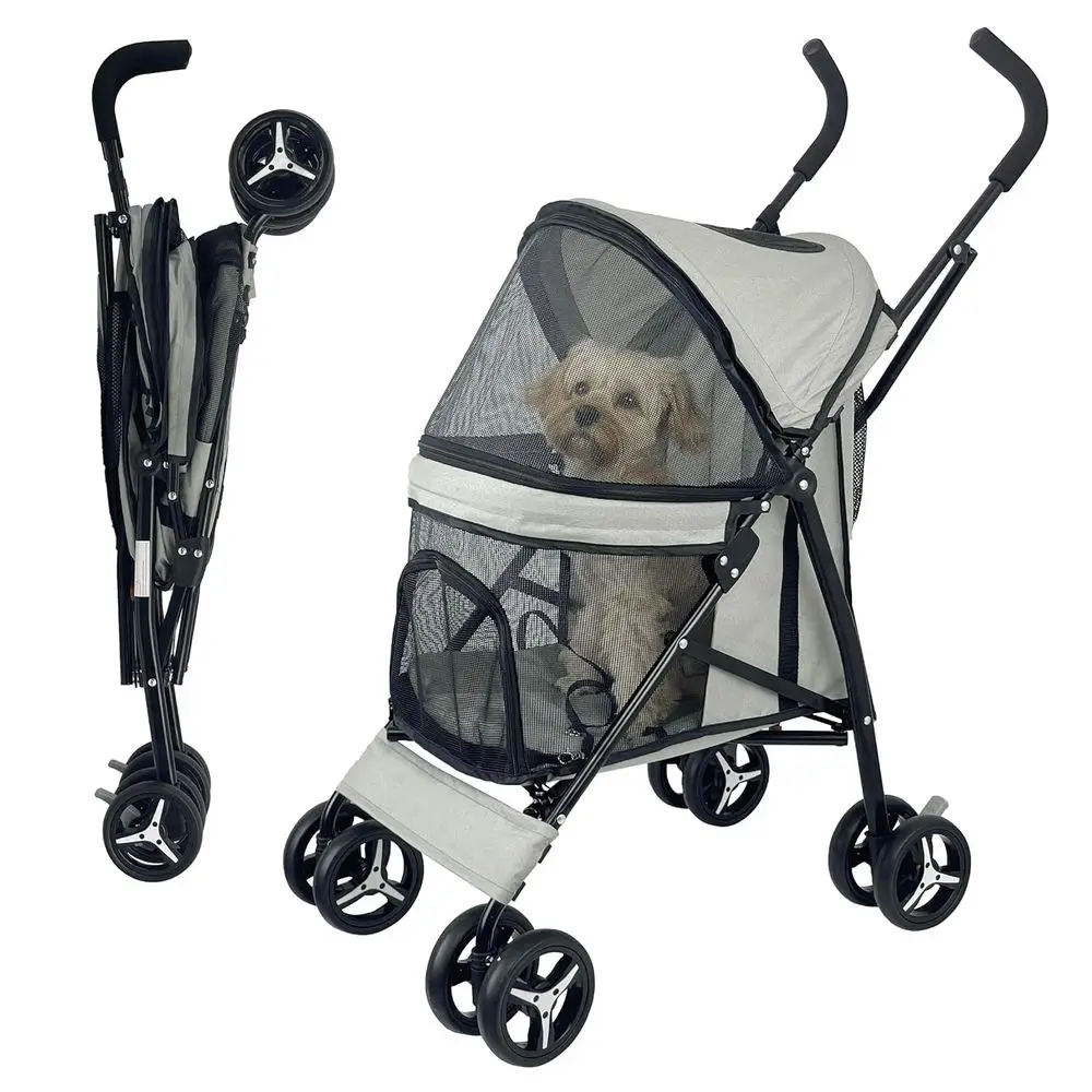 Compact 4-Wheel Dog Stroller for Small to Medium Dogs, Lightweight and Portable, Ideal for Travel and Jogging, Up to 22lbs, Gray
