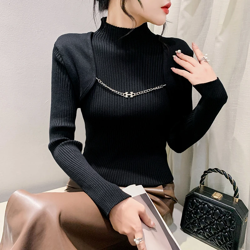 MadBlack-Women's European Sweater, Sexy Mock Neck Chain Top, Fashion Long Sleeve Slim Patchwork Knitwear, Autumn Winter T4N007CC