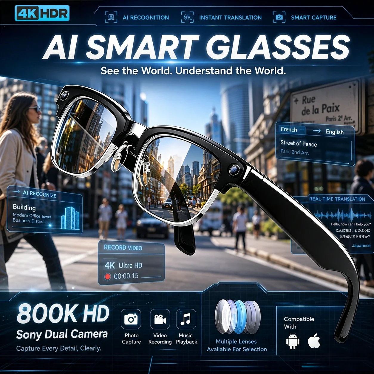 2026 New AI Smart Glasses AI Translation 8MP HD Camera 4K Shooting Bluetooth Call Recording Music Smart Sunglasses For Men Women