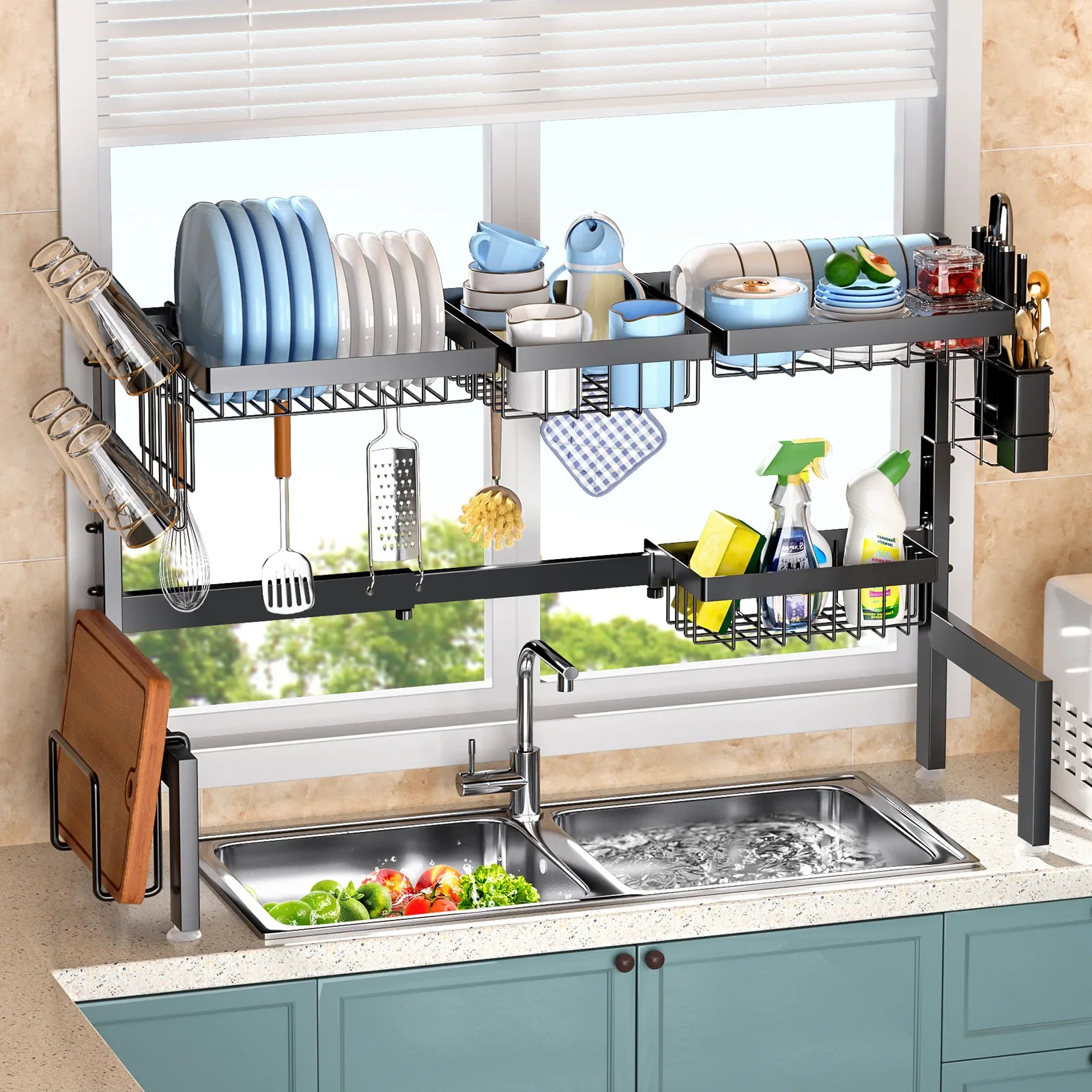 

Over The Sink Dish Drying Rack,Expandable 2-Tier Stainless Steel Over The Sink Dish Rack with Utensil Holder Dish Drainers