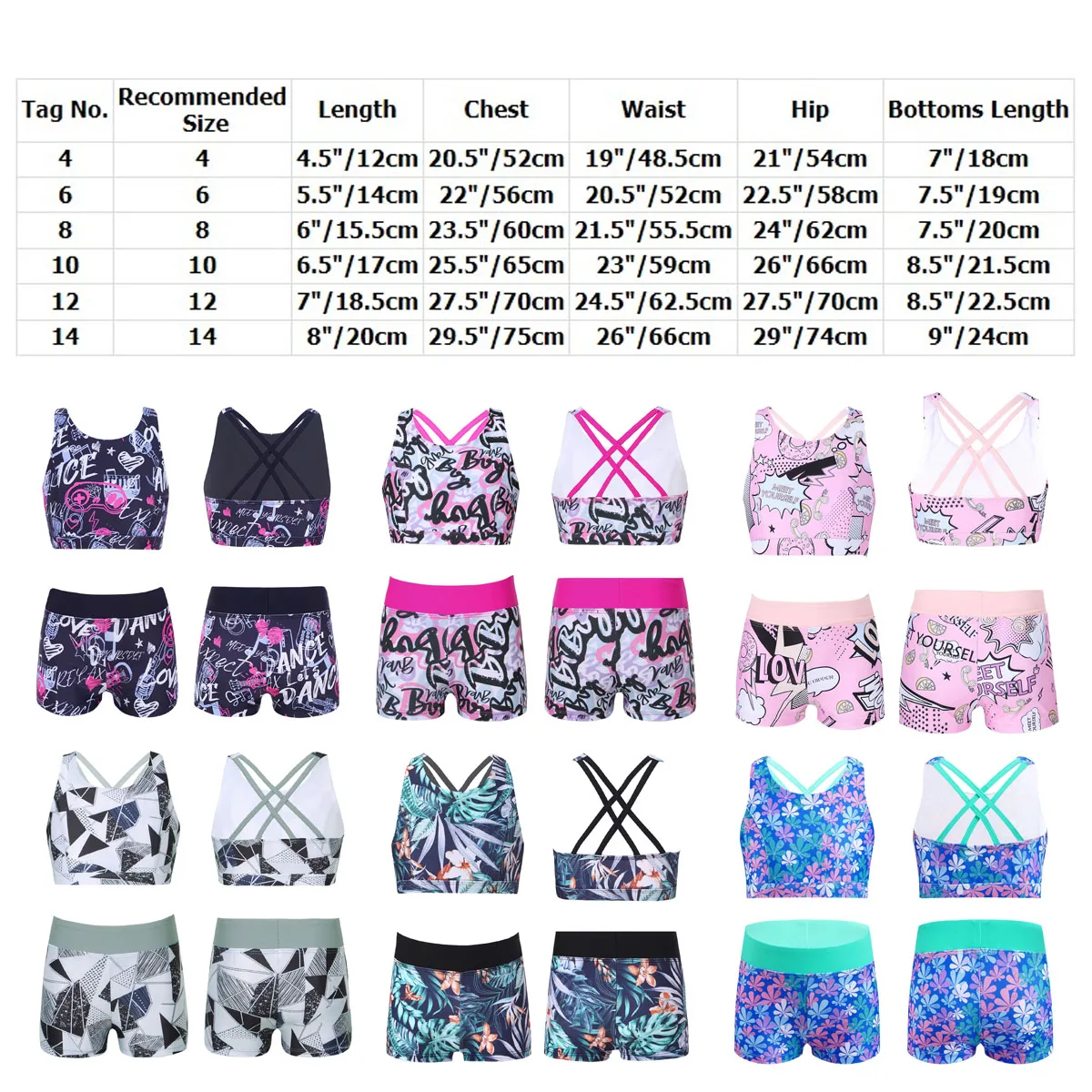 Kids Girls Ballet Dancewear Gymnastics Leotard 2pcs Printed Tanks Crop Top with Shorts Set Workout Yoga Performance Outfit