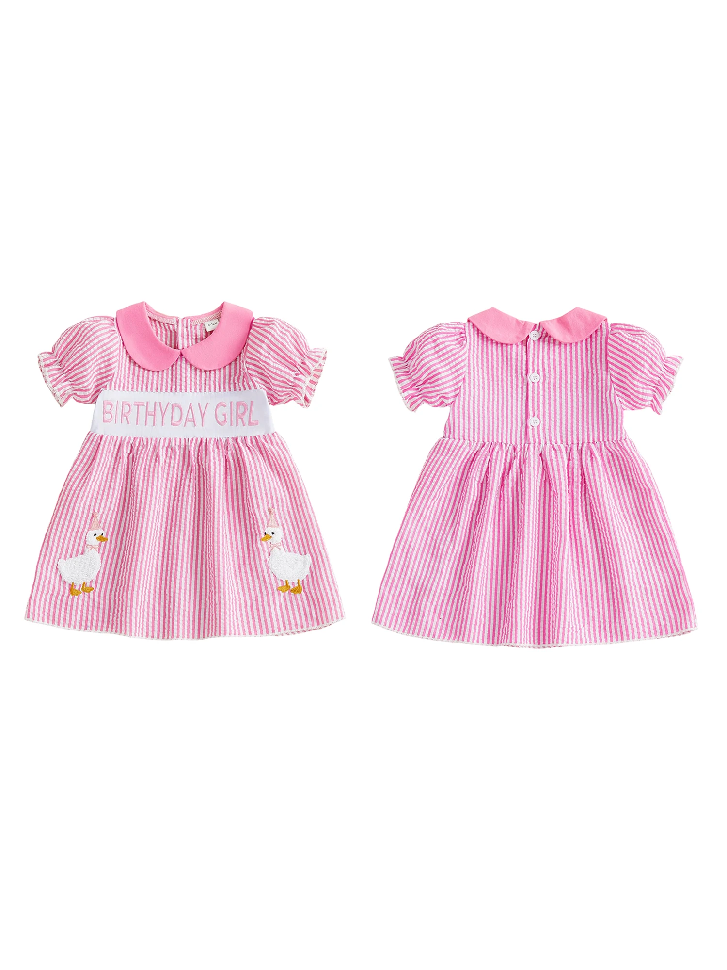 

Toddler Girl Birthday Dress with Short Sleeves and Doll Collar featuring Goose Embroidery and A-Line Design for a Party Look