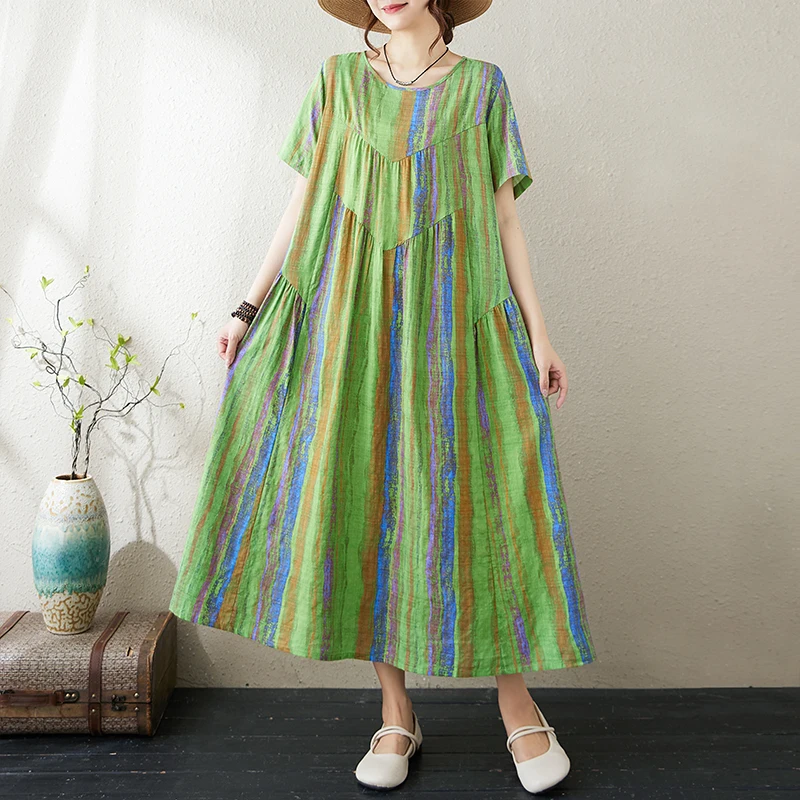 

2024 New Arrival Summer Women Loose Casual A-line Short Sleeve Dress Arts Style Print Patchwork Ankle-length Dresses V486