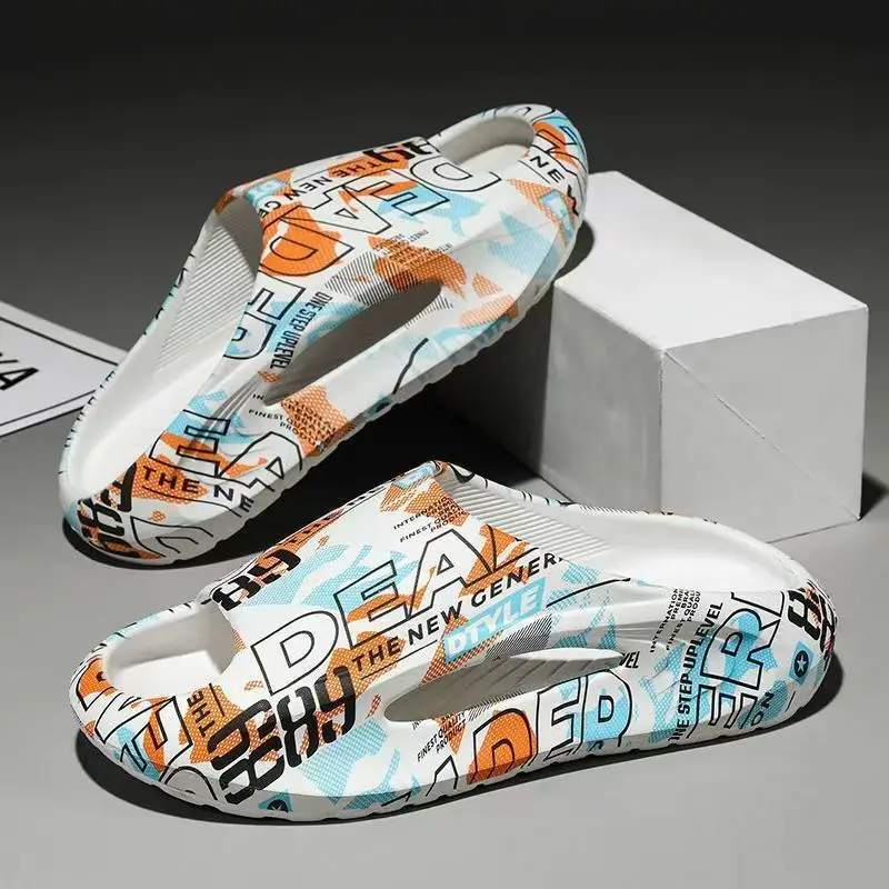 

Мужские летние домашние тапочки с принтом, открытый носок, толстая подошва, нескользящие унисекс, легкие литые под давлением уличные пляжные спортивные тапочки