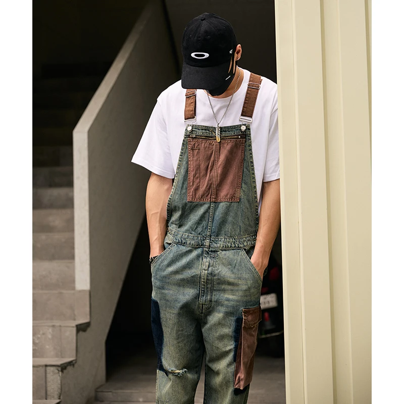 

Retro Spliced Denim Overalls Loose Fit Hip Hop Waed ex Trendy Color Blo Cotton Polyester Blend Summer Wear
