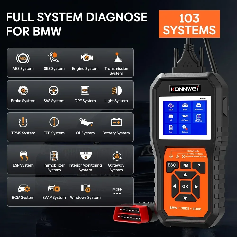 KONNWEI KW480 Obd2 Scanner for BMW Cars Obd 2 ABS Airbag SRS Oil REST Full Systems Diagnostic Tool Battery Match E38 E46
