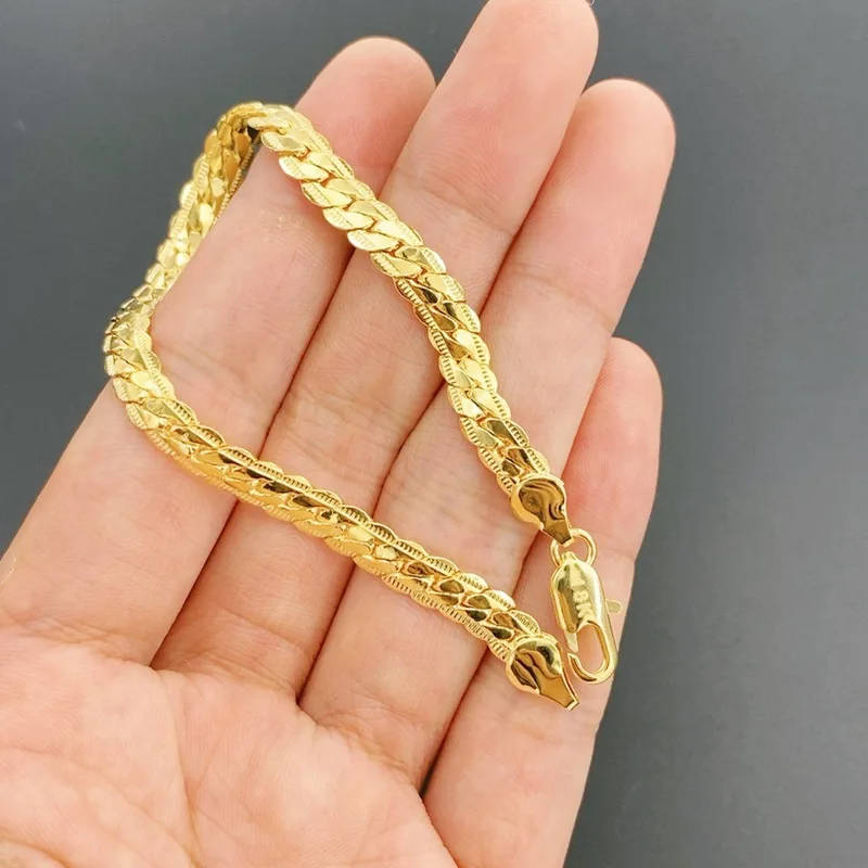 18K Gold Bracelet 5MM 8 Inch Sideways Chain Bracelet For Woman Men Fashion Wedding Engagement Jewelry