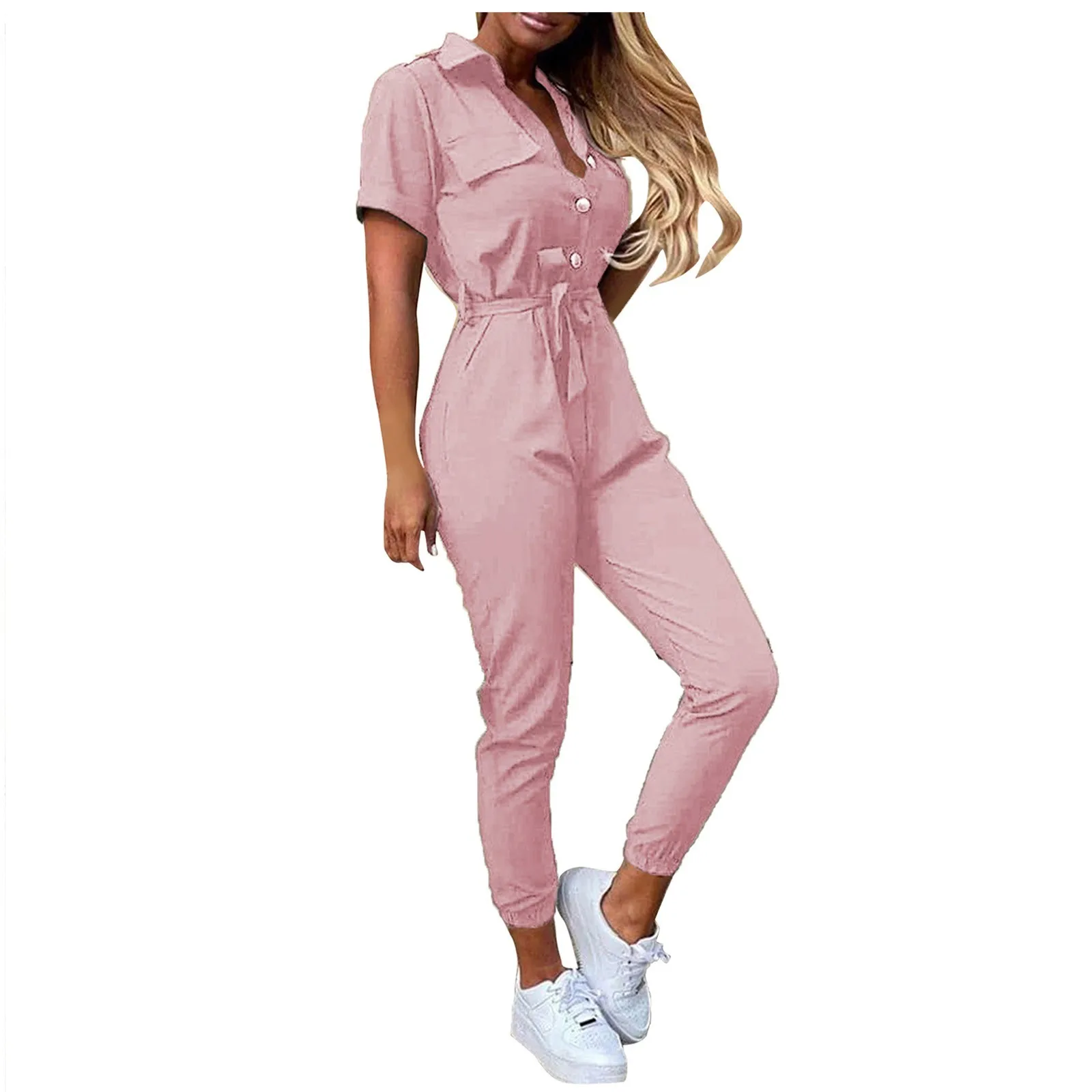 Jumpsuit kargo wanita, jumpsuit kargo musim panas kasual kerah bertali Solid lengan pendek, jumpsuit sederhana harian berpergian pas