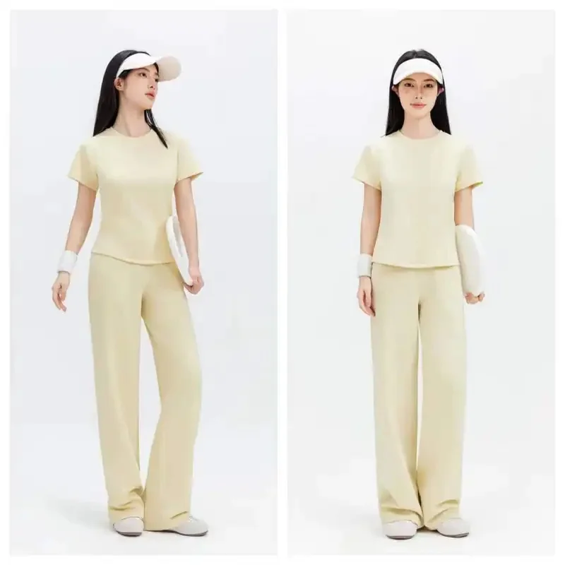 Lemon Lady Yoga Set: Short-sleeved T-shirt, high-waisted wide-leg pants, sports outfit. Casual sportswear with pockets