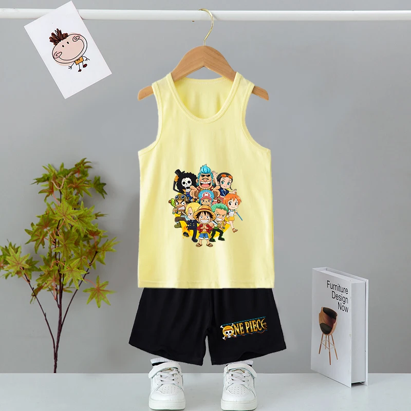 

One Piece Kids Clothes Set Anime Luffy Chopper Zoro Tank Tops Shorts 2pcs Boy Girl Cotton Vest Summer Clothing Children Suit