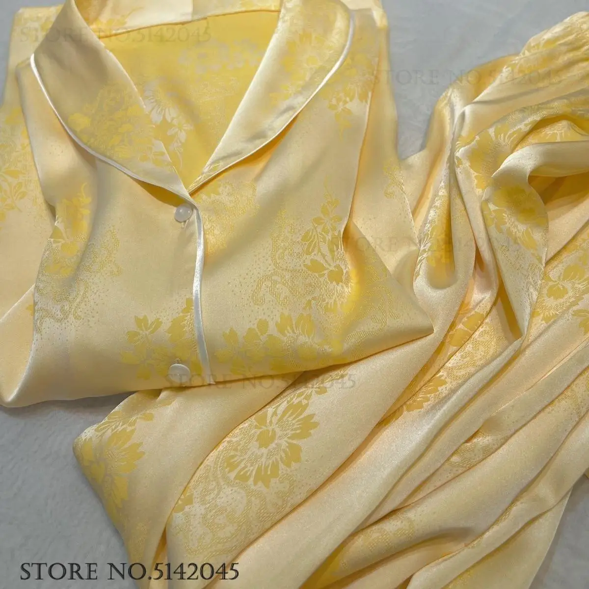

Female Pajamas Set Chinese Style Jacquard Sleepwear Loungewear Spring Summer Silk Satin Nightwear Trouser Suits Loose Homewear