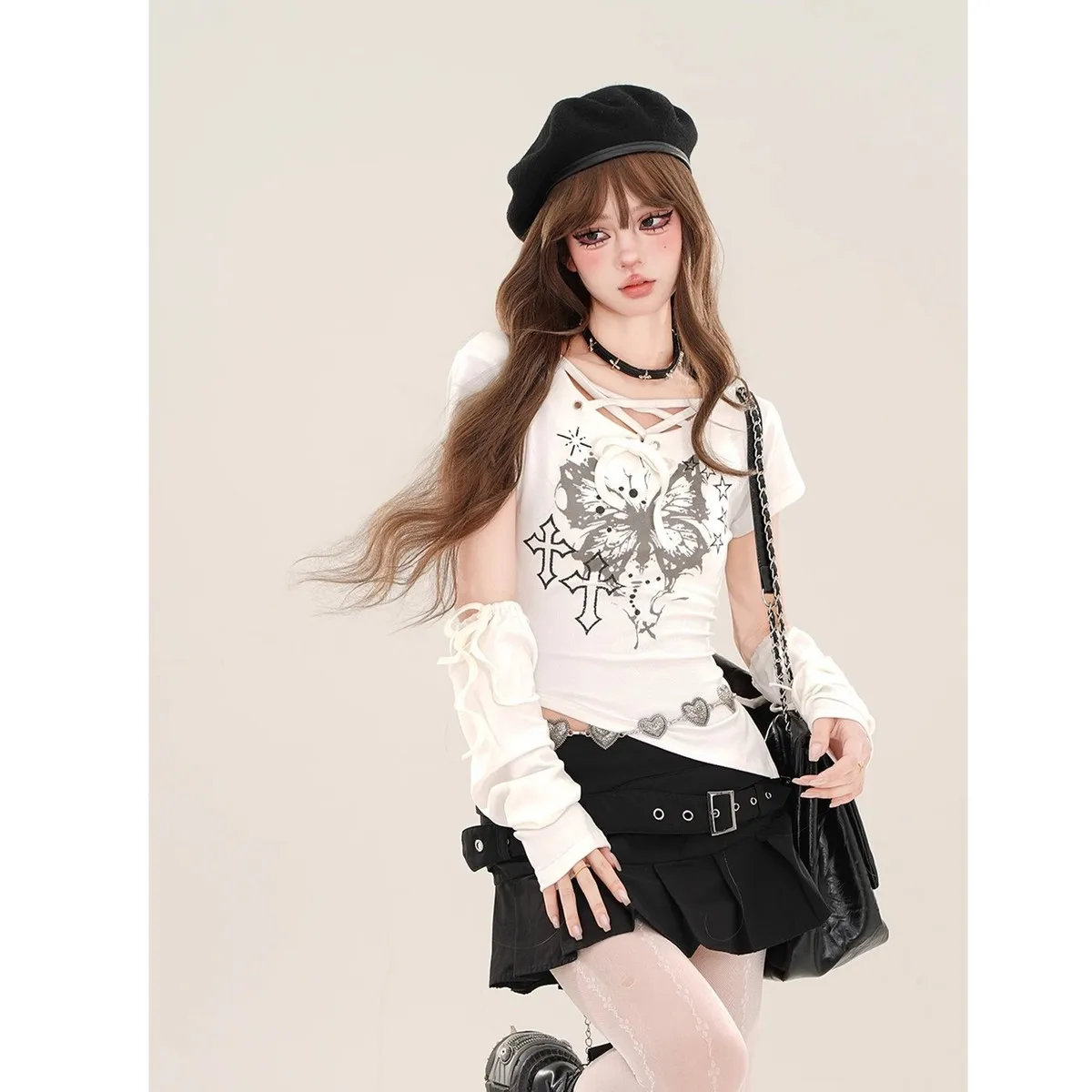 American Sle Hot Girl  Print ort Sve Slim Fit Women's T-irt Summer Irregular Design Sense with Sve Cover...