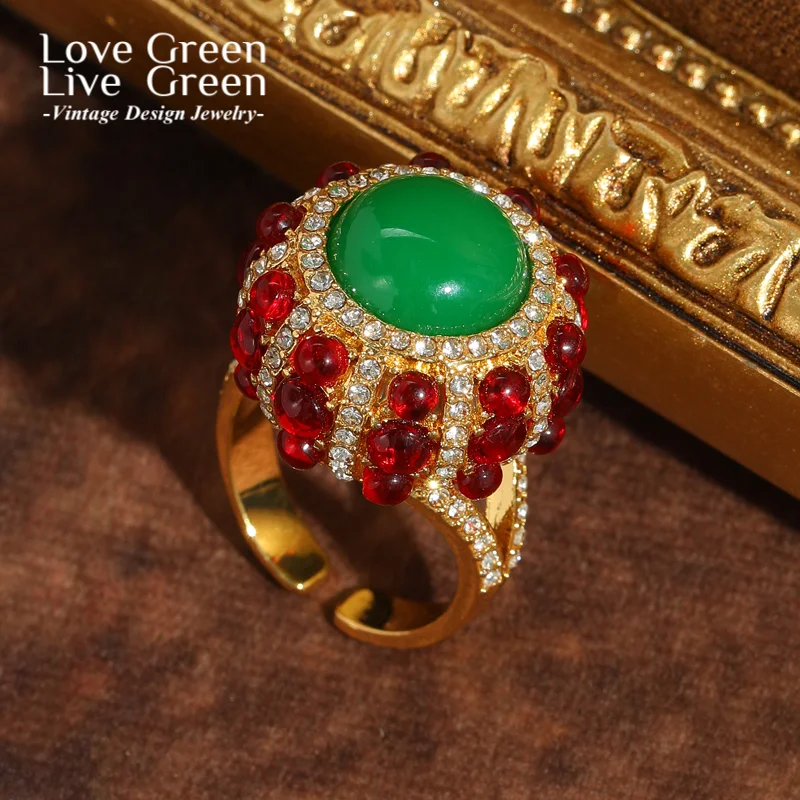 

Vintage Christmas Green Red Rings Agate Glaze For Woman Round Adjustable Gold Color Rhinestone Jewelry High Quality Wedding 2025