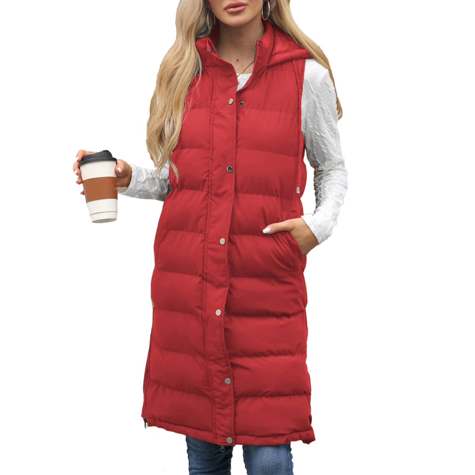

Winter Fashionable Women'S Hooded Sleeveless Vest Long Solid Color Zipper Clip Cotton Thick Coat For Outdoor Daily Wear
