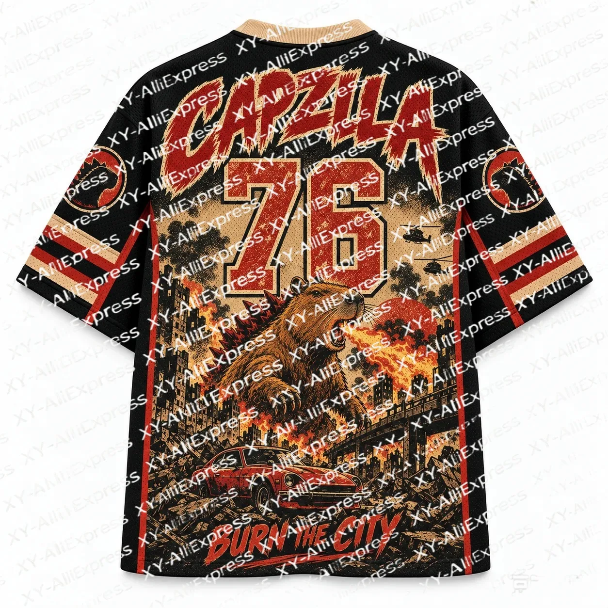 Men's Vintage Giant Monster Graphic T-Shirt Retro City Fire Ruins Number 76 Print Quick Dry Breathable Summer Casual Streetwear