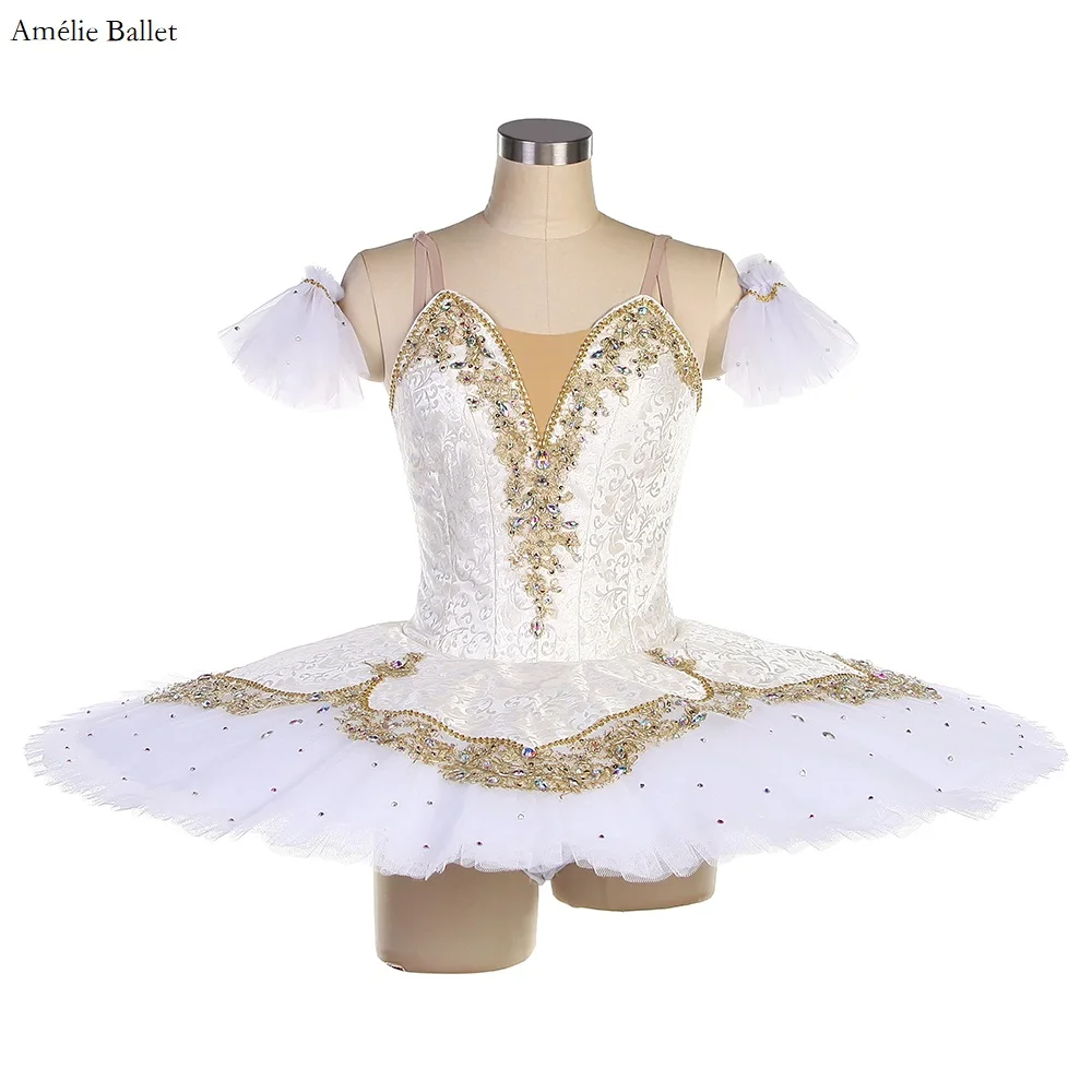 

B23012 Girls&Women Professional Ballet Tutu Ivory Bodice with Gold Appliques Trims Pancake Tutu Performance or Competition Tutu